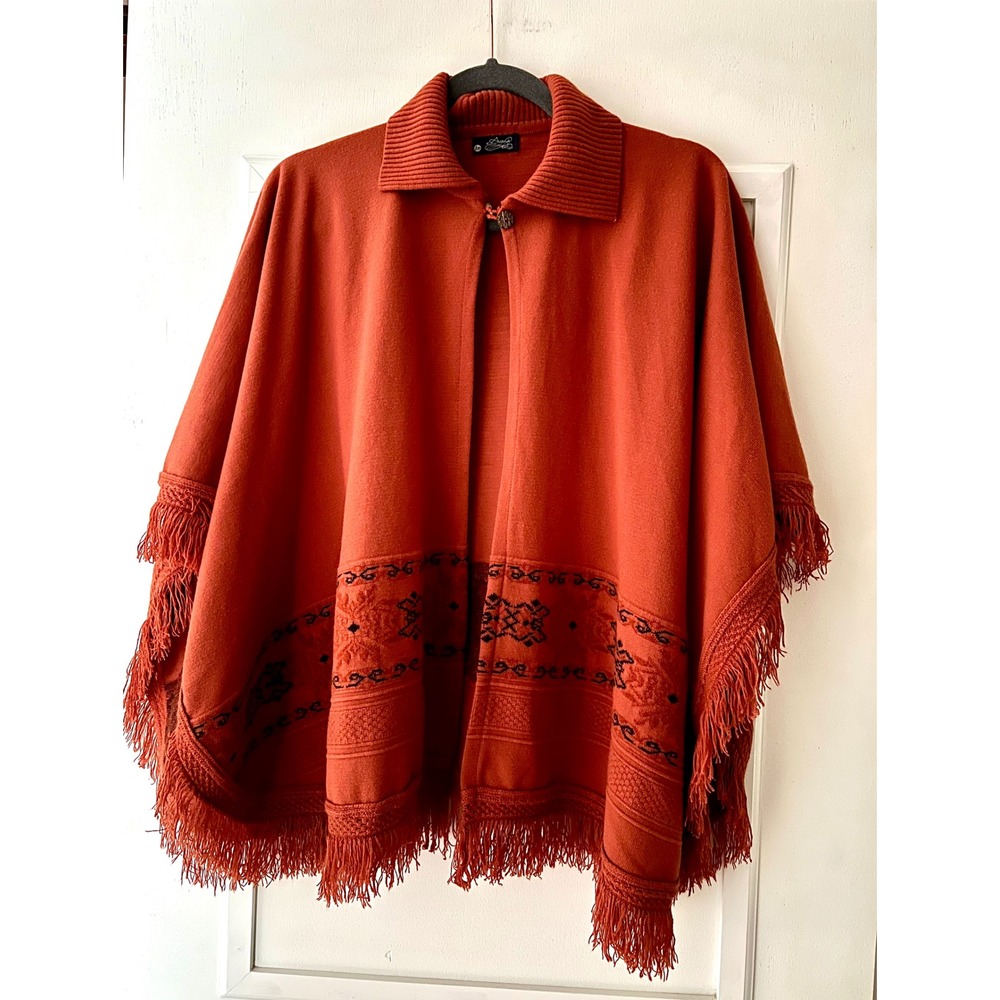 Ananya Burnt Orange Knit Fringed Poncho Wrap Embroidered Southwestern One Size